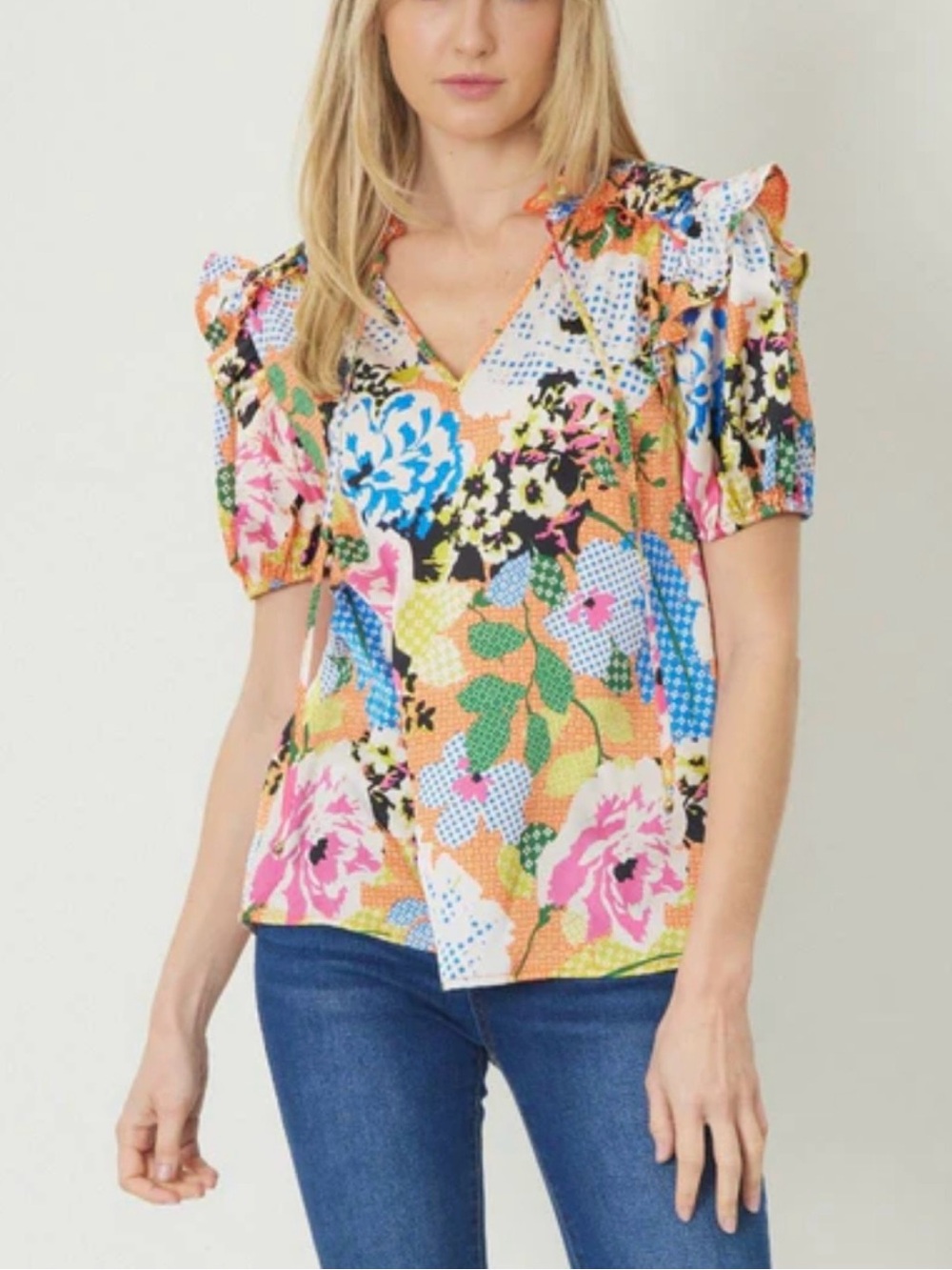 entro Multicolor Floral Patchwork V-Neck Ruffle Sleeve Top